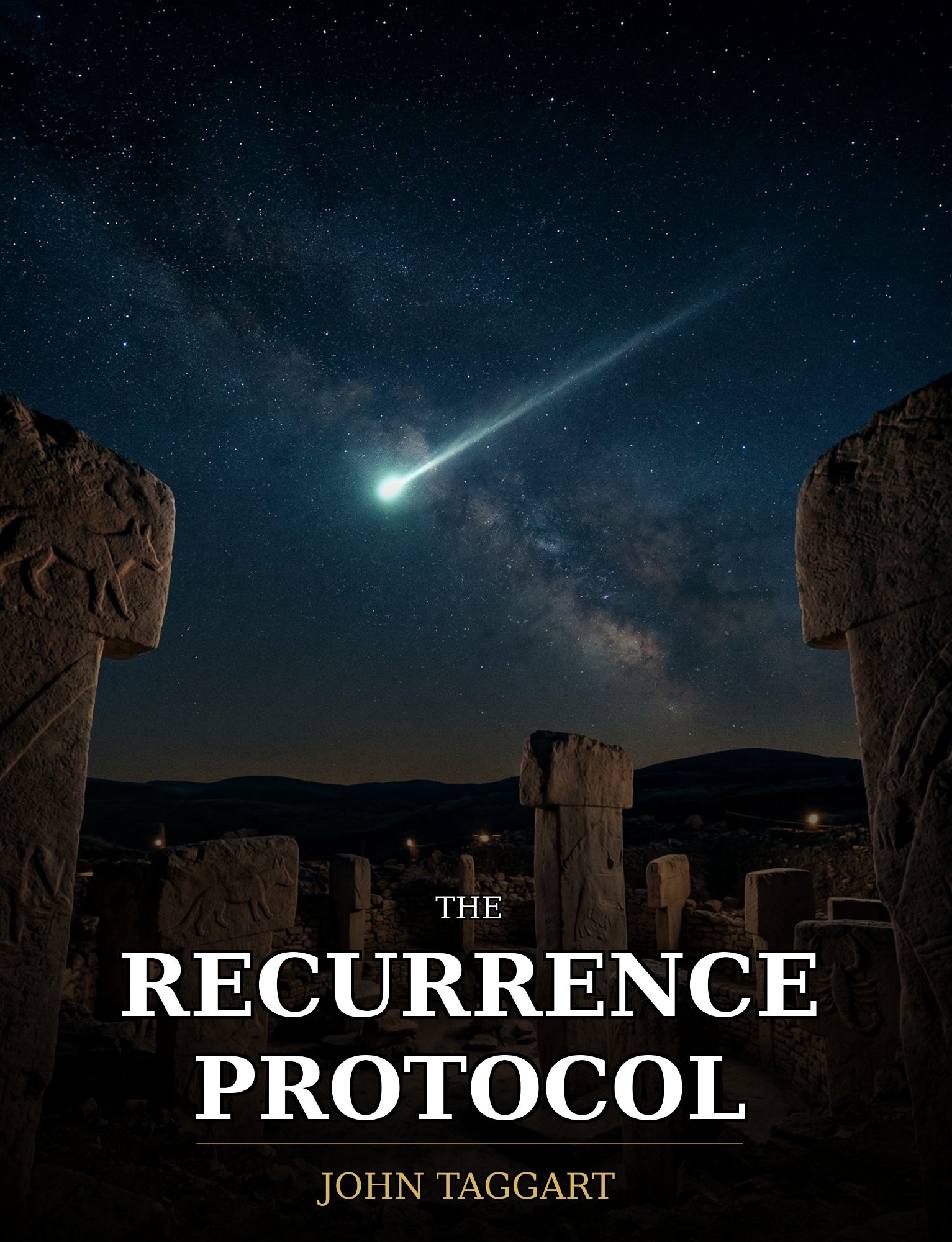 The Recurrence Protocol book cover — ancient stone monuments under a night sky with a comet